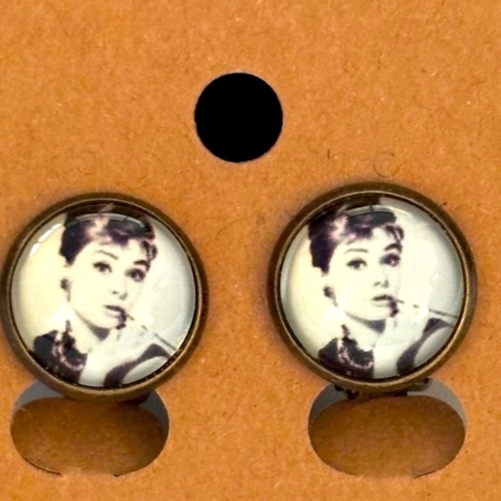 Audre Hepburn Print Glass 12mm Clip On Earrings, NWT, Handmade, Unworn